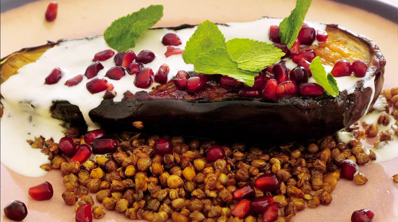 Miso-roasted aubergine with crispy lentils & tahini yoghurt