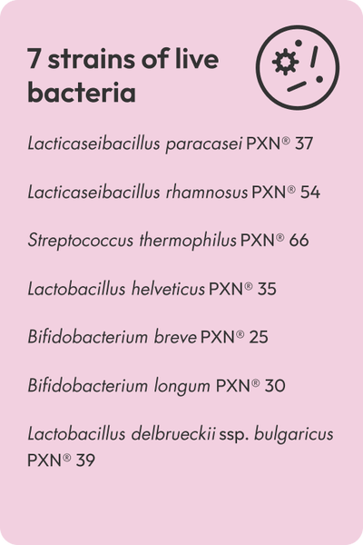 7 strains of live bacteria. Lacticaseibacillus paracasei PXN® 37 Lacticaseibacillus rhamnosus PXN® 54 Streptococcus thermophilus PXN® 66 Lactobacillus helveticus PXN® 35 Bifidobacterium breve PXN® 25 Bifidobacterium longum PXN® 30 Lactobacillus delbrueckii ssp. bulgaricus PXN® 39